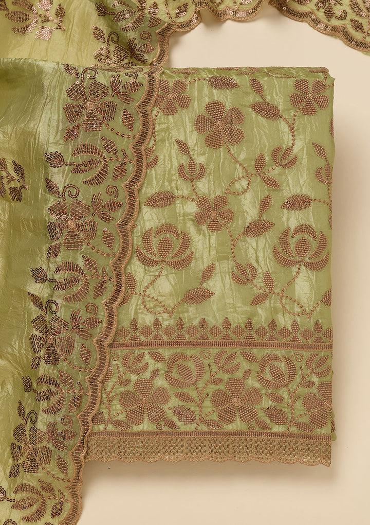 Pista Green Zariwork Raw Silk Unstitched Salwar Suit-Koskii