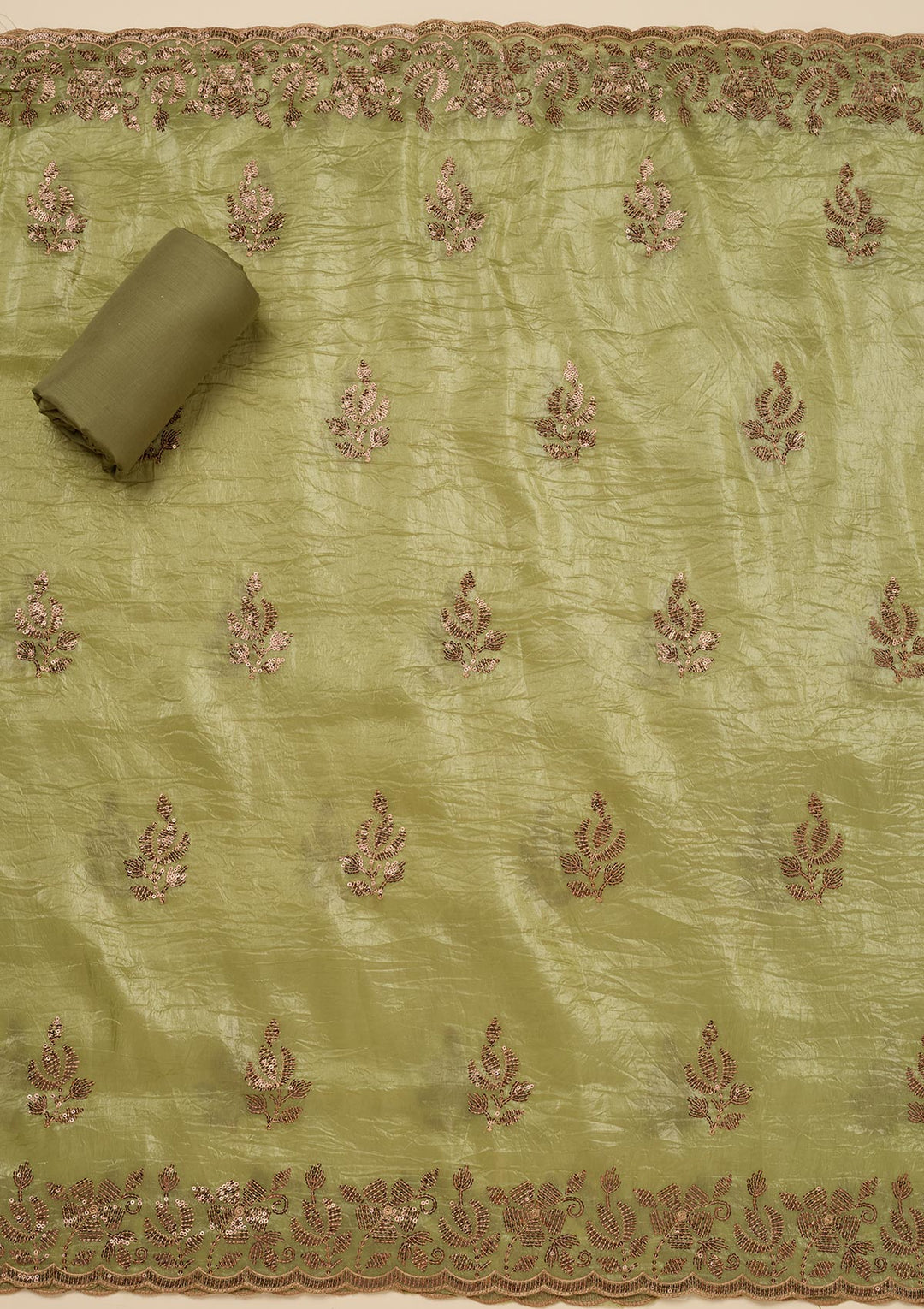 Pista Green Zariwork Raw Silk Unstitched Salwar Suit-Koskii