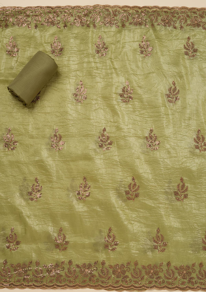 Pista Green Zariwork Raw Silk Unstitched Salwar Suit-Koskii