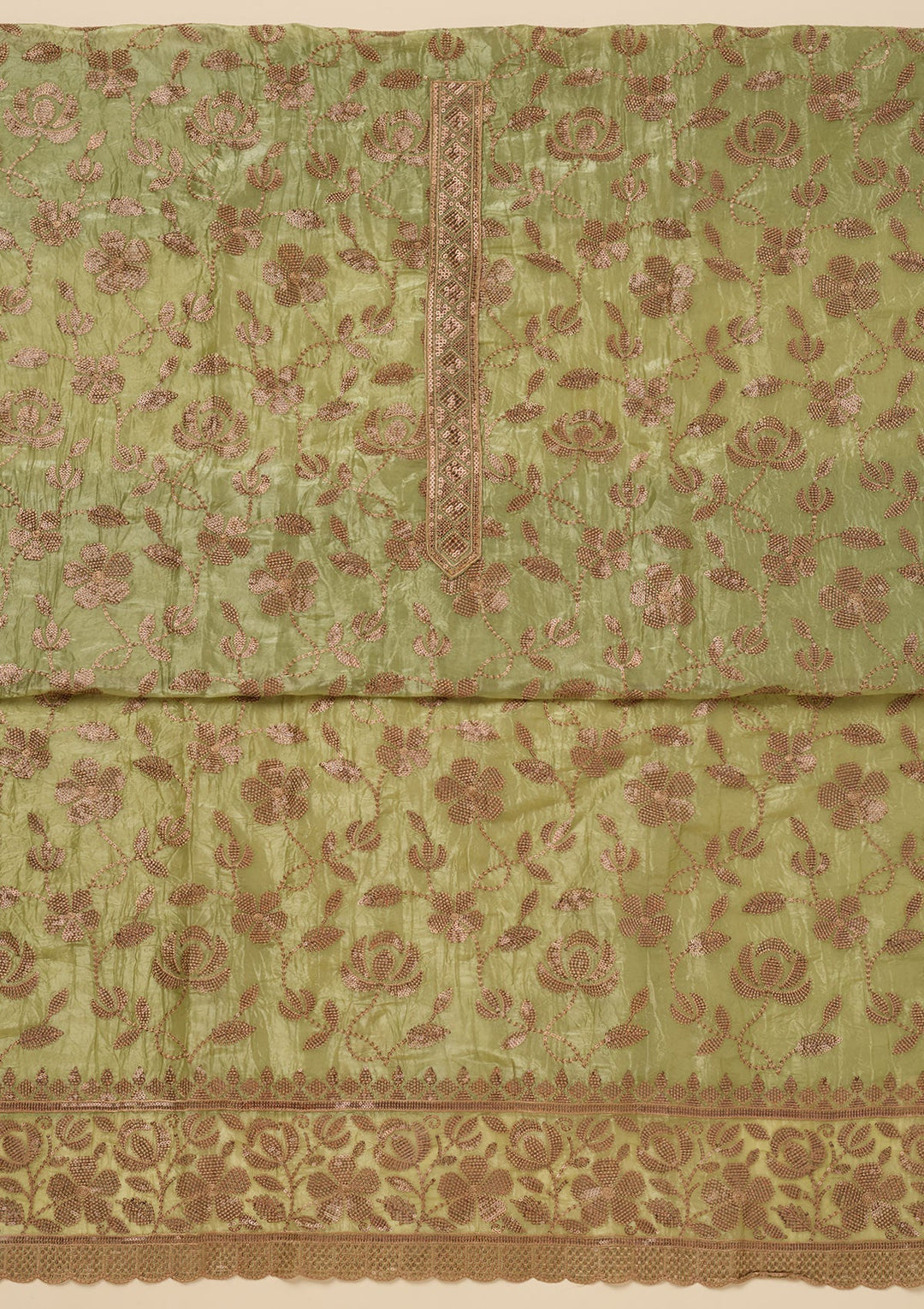 Pista Green Zariwork Raw Silk Unstitched Salwar Suit-Koskii