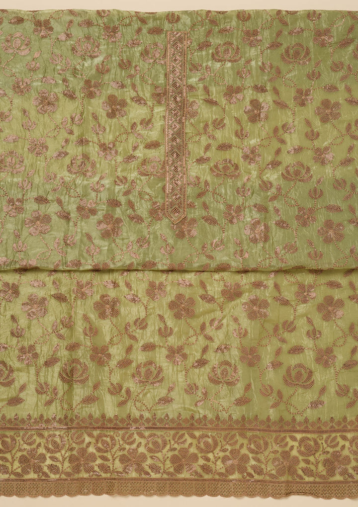 Pista Green Zariwork Raw Silk Unstitched Salwar Suit-Koskii