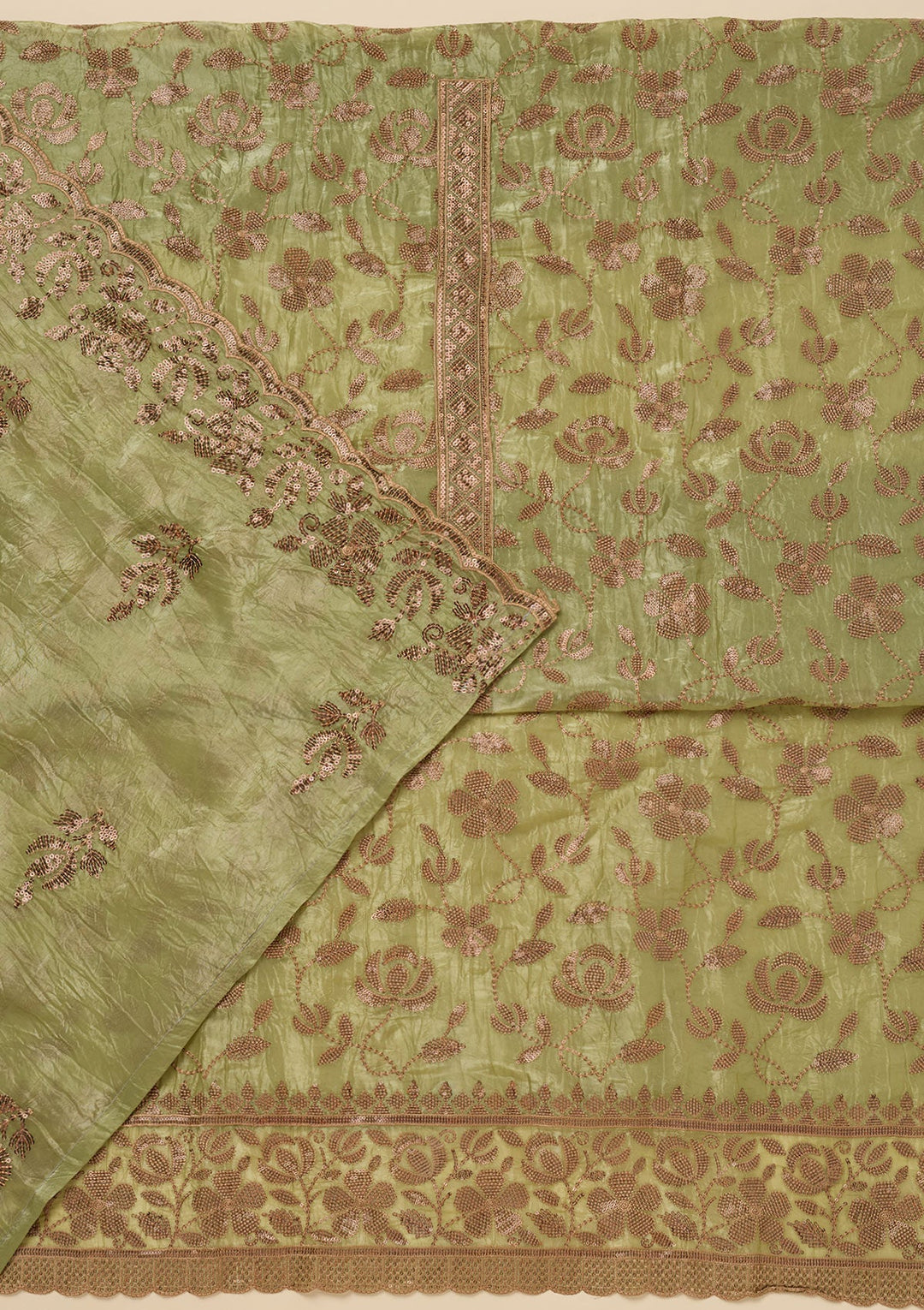 Pista Green Zariwork Raw Silk Unstitched Salwar Suit-Koskii