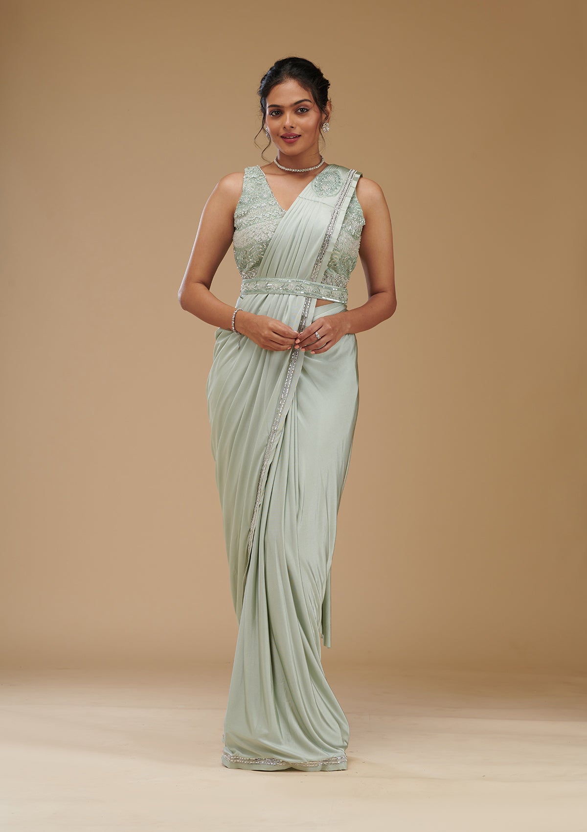 Pista Green Zariwork Satin Readymade Saree-Koskii