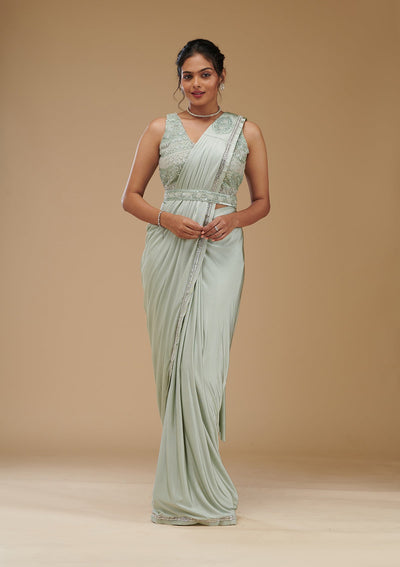 Pista Green Zariwork Satin Readymade Saree-Koskii