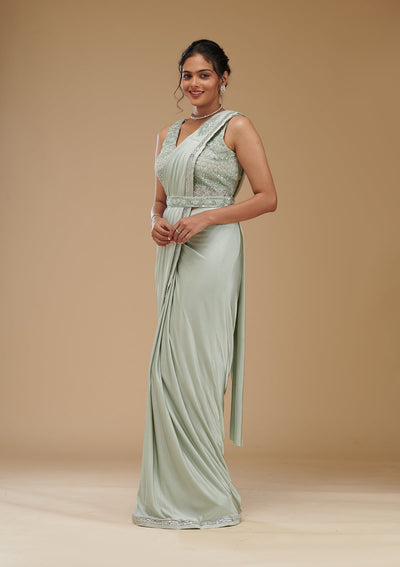Pista Green Zariwork Satin Readymade Saree-Koskii