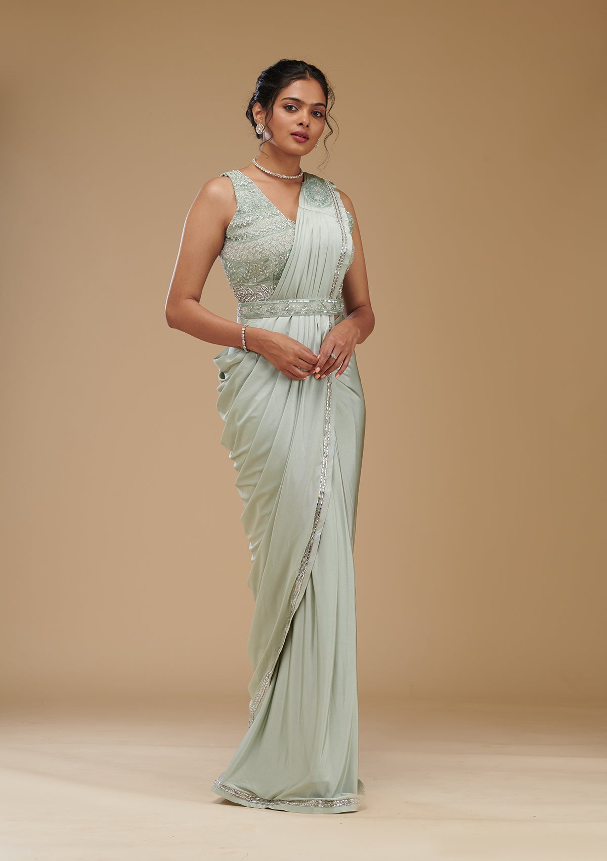 Pista Green Zariwork Satin Readymade Saree-Koskii