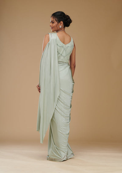 Pista Green Zariwork Satin Readymade Saree-Koskii