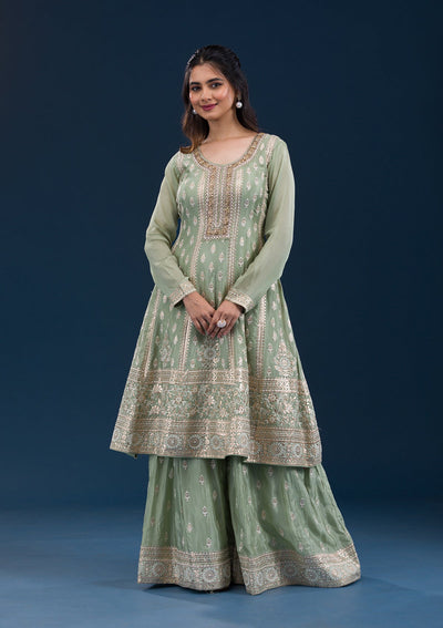 Pista Green Zariwork Semi Crepe Readymade Salwar Suit