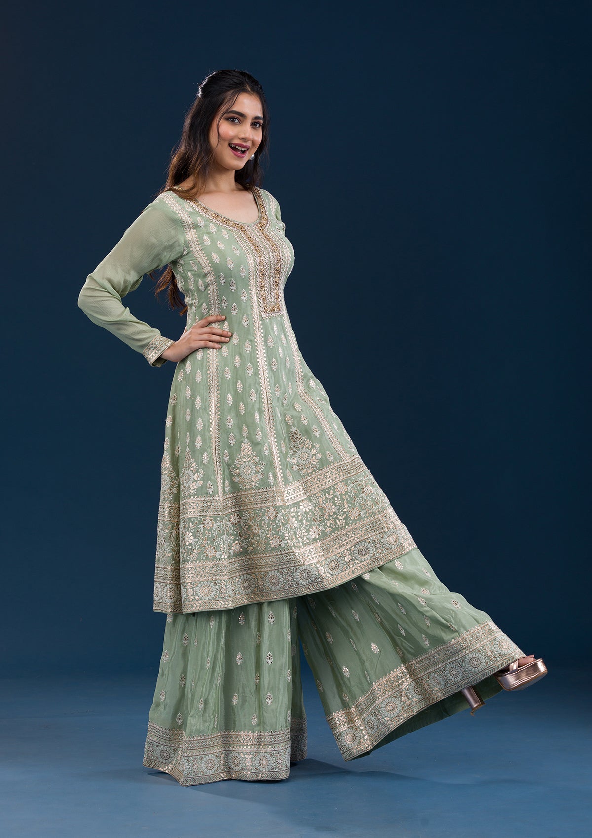 Pista Green Zariwork Semi Crepe Readymade Salwar Suit