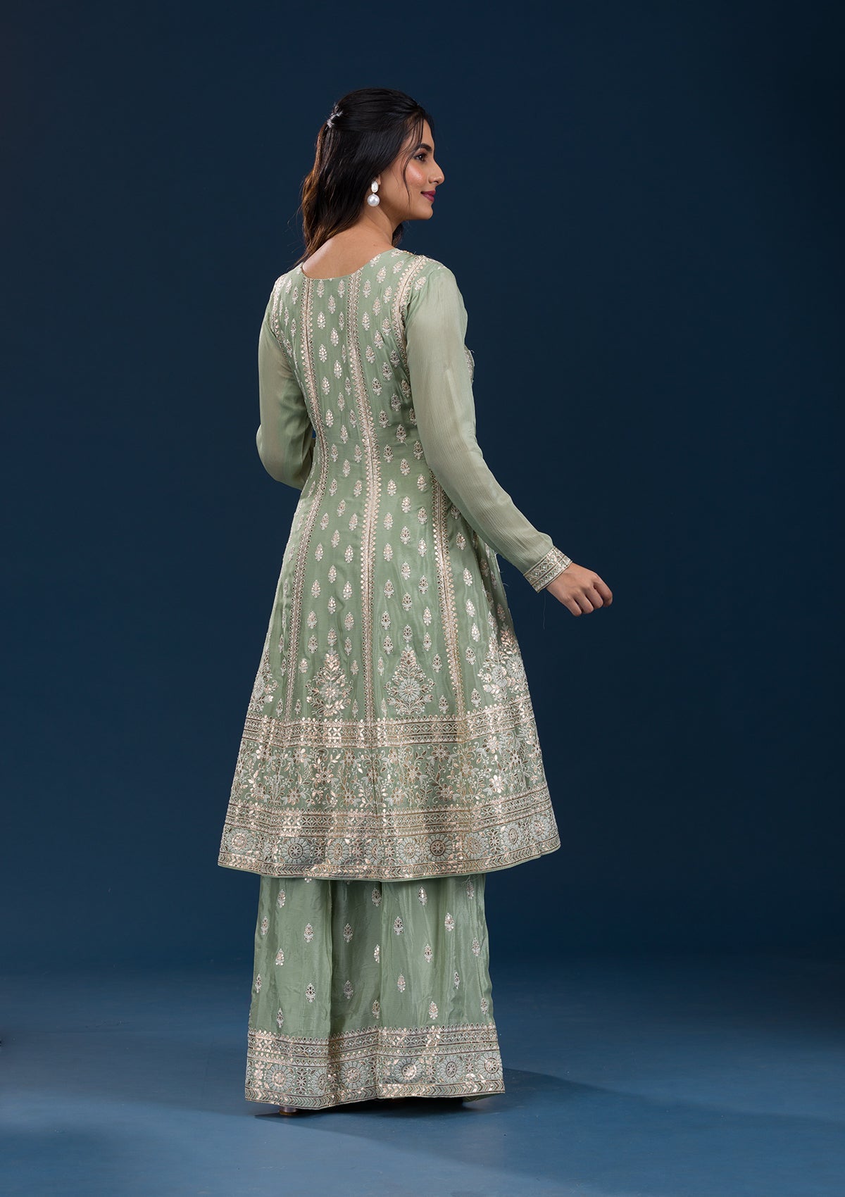 Pista Green Zariwork Semi Crepe Readymade Salwar Suit