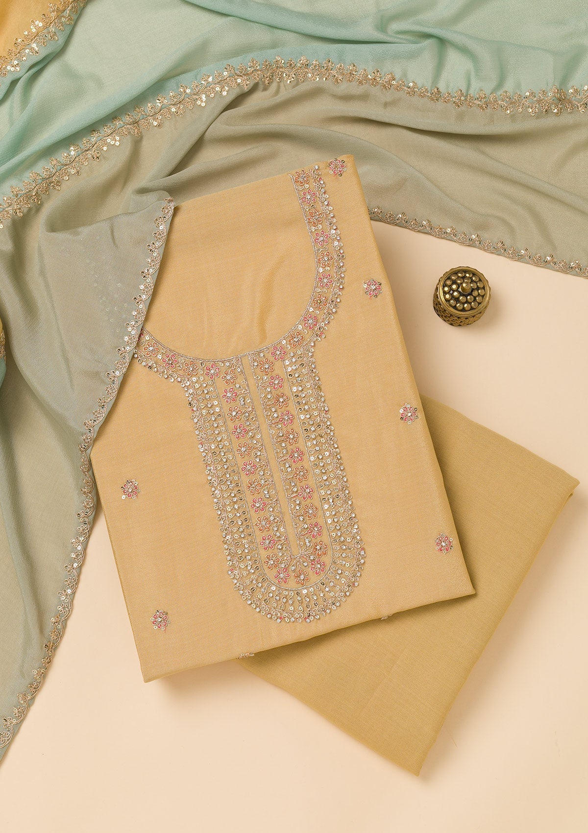 Pista Green Zariwork Semi Crepe Unstitched Salwar Suit-Koskii