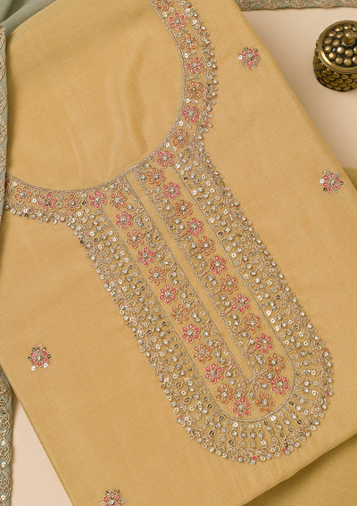 Pista Green Zariwork Semi Crepe Unstitched Salwar Suit-Koskii