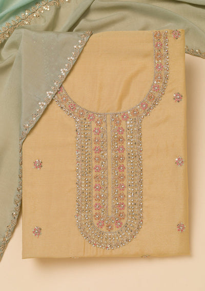 Pista Green Zariwork Semi Crepe Unstitched Salwar Suit-Koskii