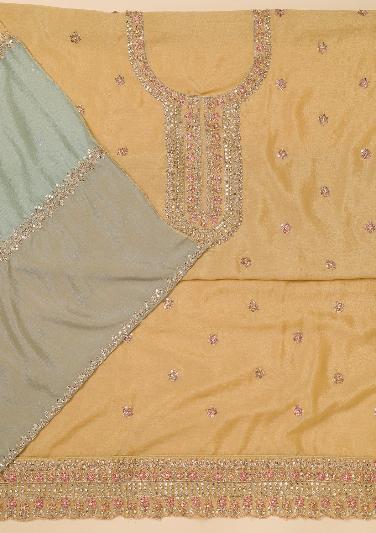 Pista Green Zariwork Semi Crepe Unstitched Salwar Suit-Koskii