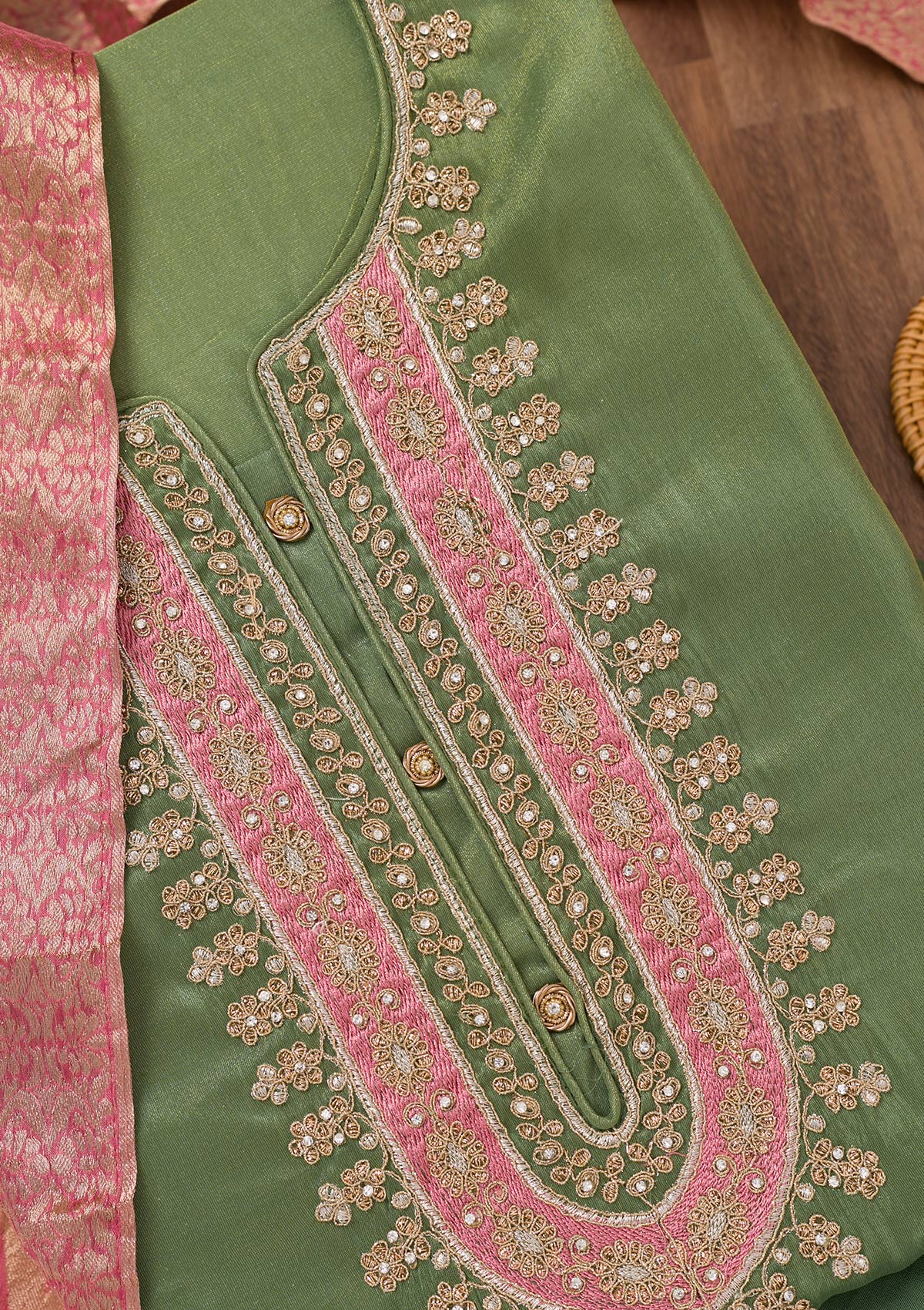 Pista Green Zariwork Semi Crepe Unstitched Salwar Suit-Koskii