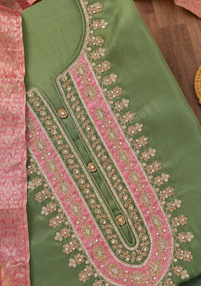 Pista Green Zariwork Semi Crepe Unstitched Salwar Suit-Koskii