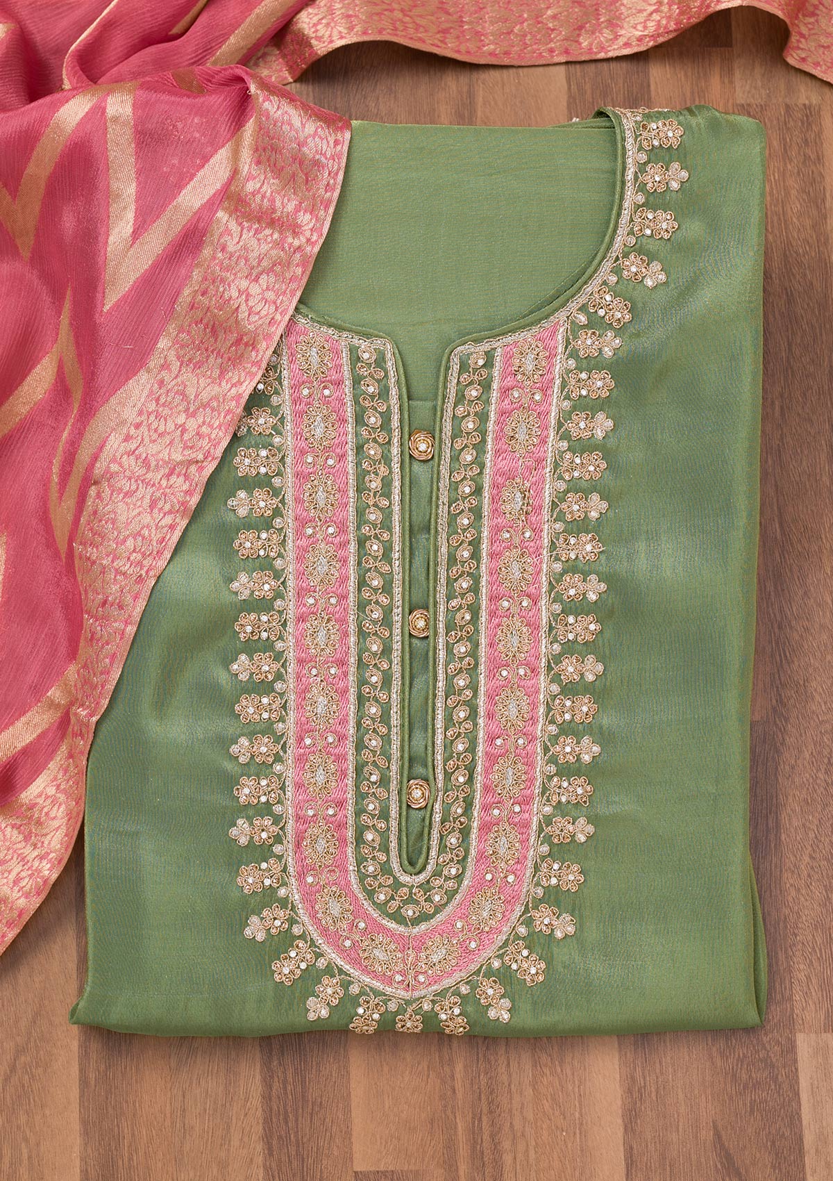 Pista Green Zariwork Semi Crepe Unstitched Salwar Suit-Koskii