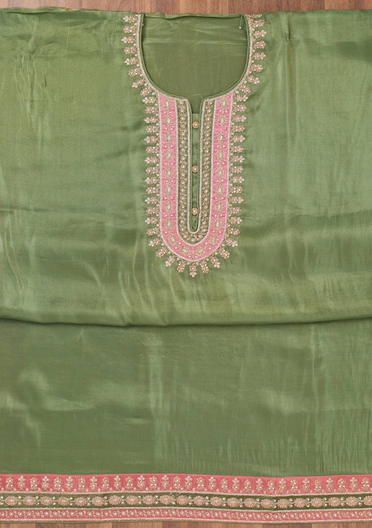 Pista Green Zariwork Semi Crepe Unstitched Salwar Suit-Koskii