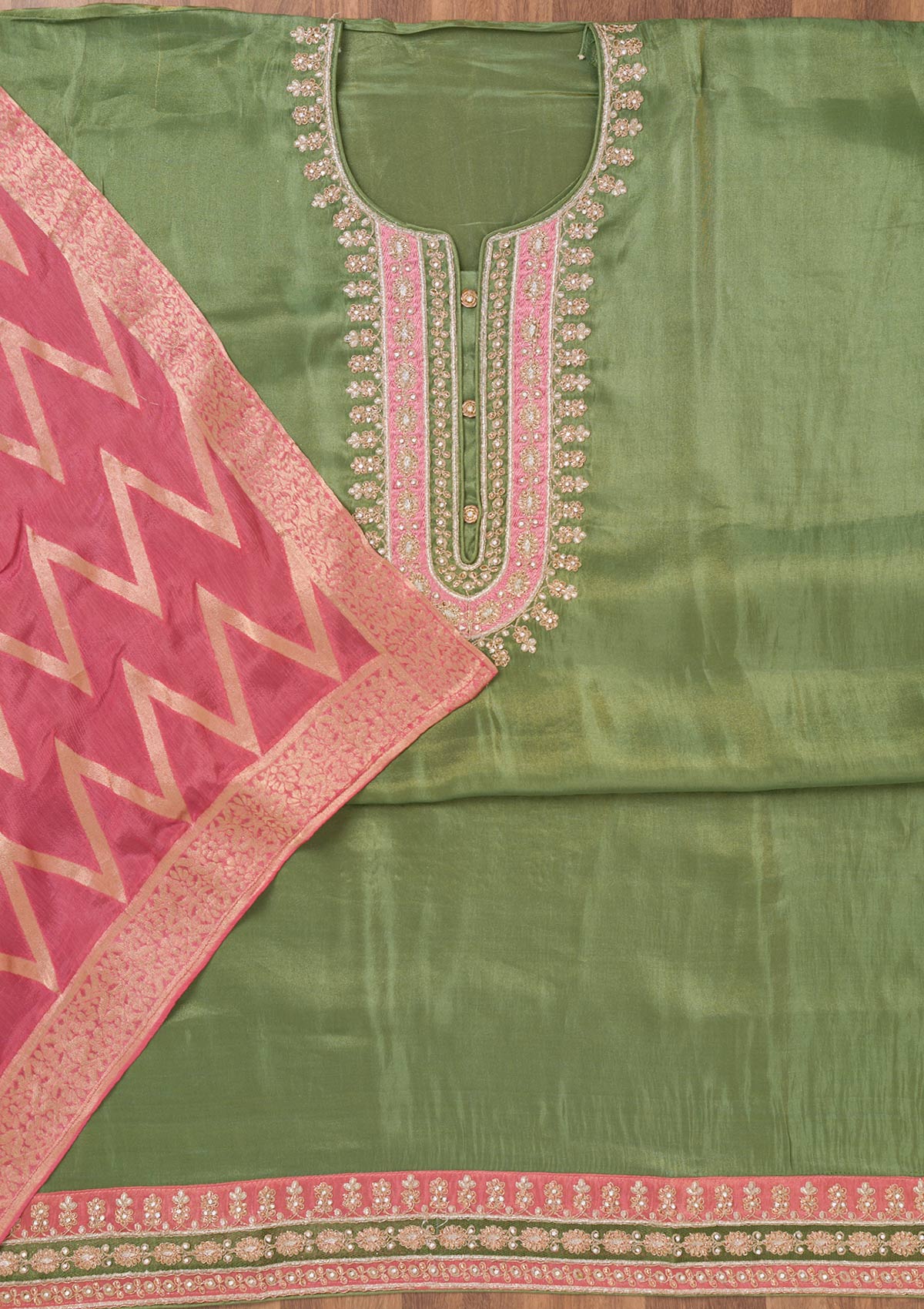 Pista Green Zariwork Semi Crepe Unstitched Salwar Suit-Koskii