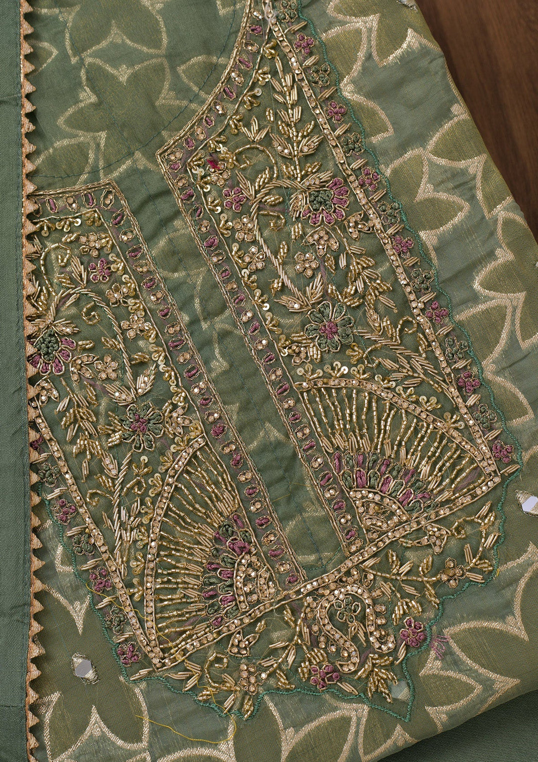 Pista Green Zariwork Semi Crepe Unstitched Salwar Suit-Koskii