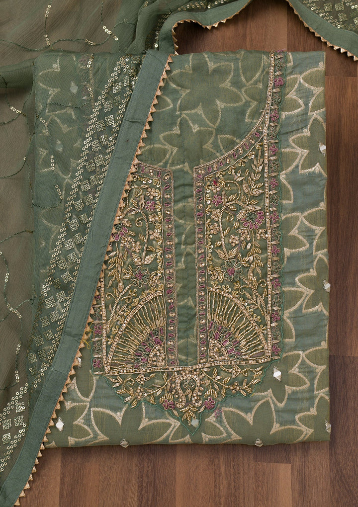 Pista Green Zariwork Semi Crepe Unstitched Salwar Suit-Koskii