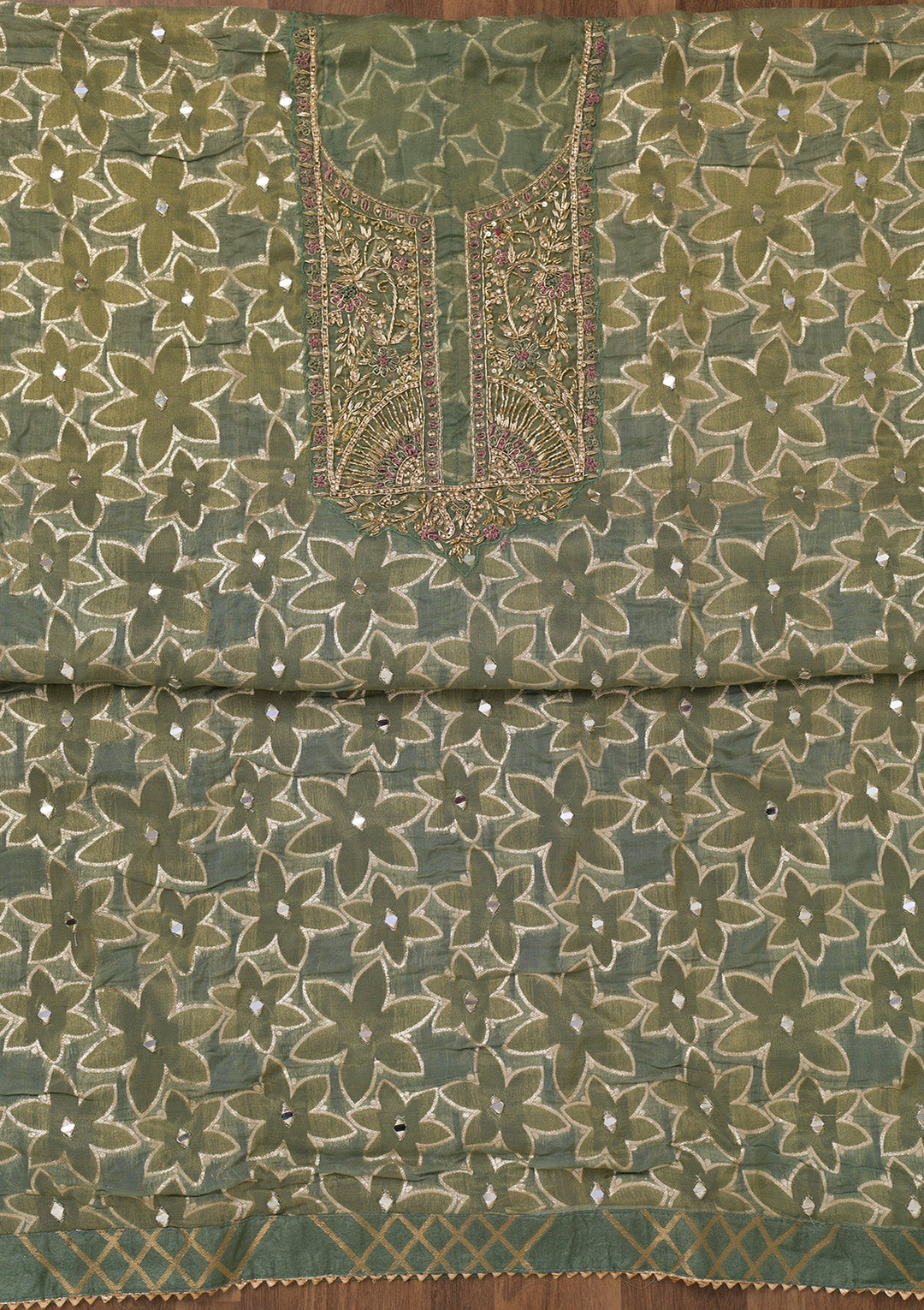 Pista Green Zariwork Semi Crepe Unstitched Salwar Suit-Koskii