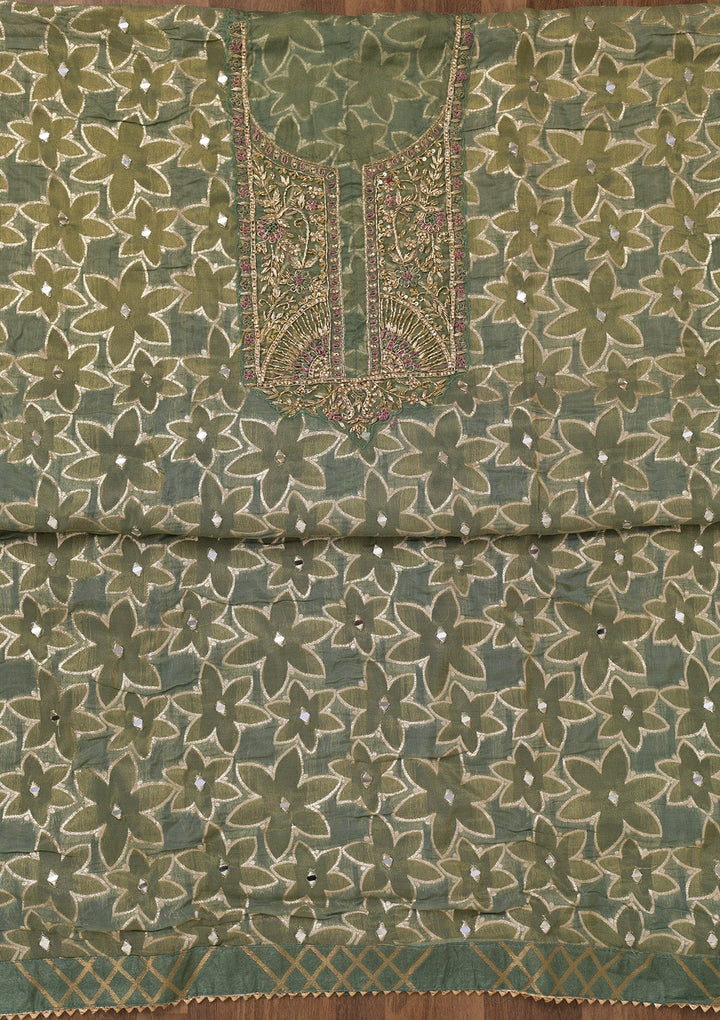 Pista Green Zariwork Semi Crepe Unstitched Salwar Suit-Koskii