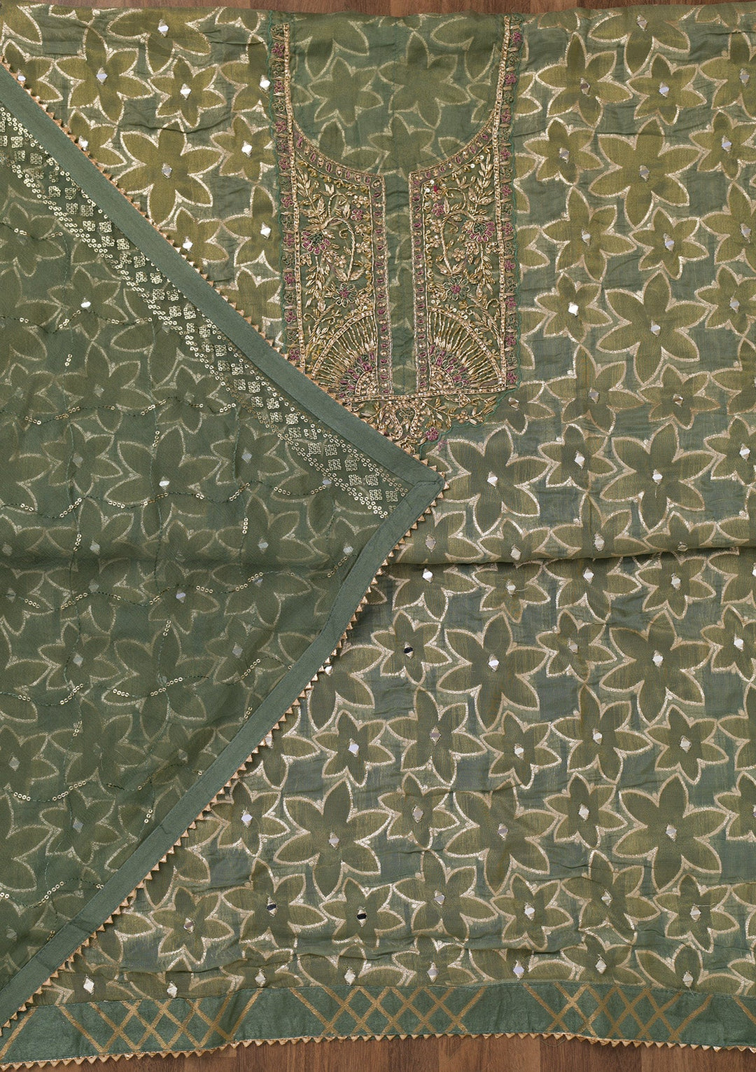 Pista Green Zariwork Semi Crepe Unstitched Salwar Suit-Koskii