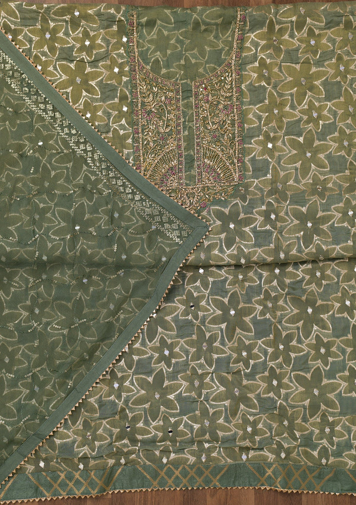 Pista Green Zariwork Semi Crepe Unstitched Salwar Suit-Koskii