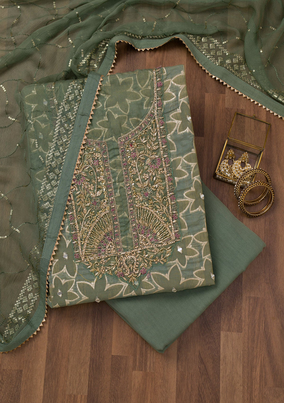 Pista Green Zariwork Semi Crepe Unstitched Salwar Suit-Koskii