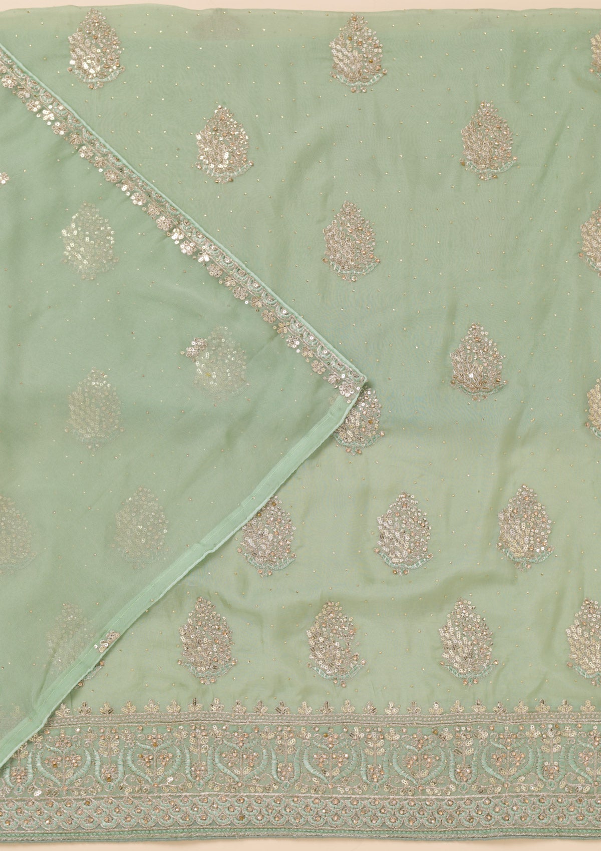 Pista Green Zariwork Semi Crepe Unstitched Salwar Suit-Koskii