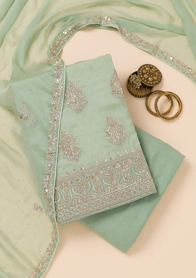 Pista Green Zariwork Semi Crepe Unstitched Salwar Suit-Koskii