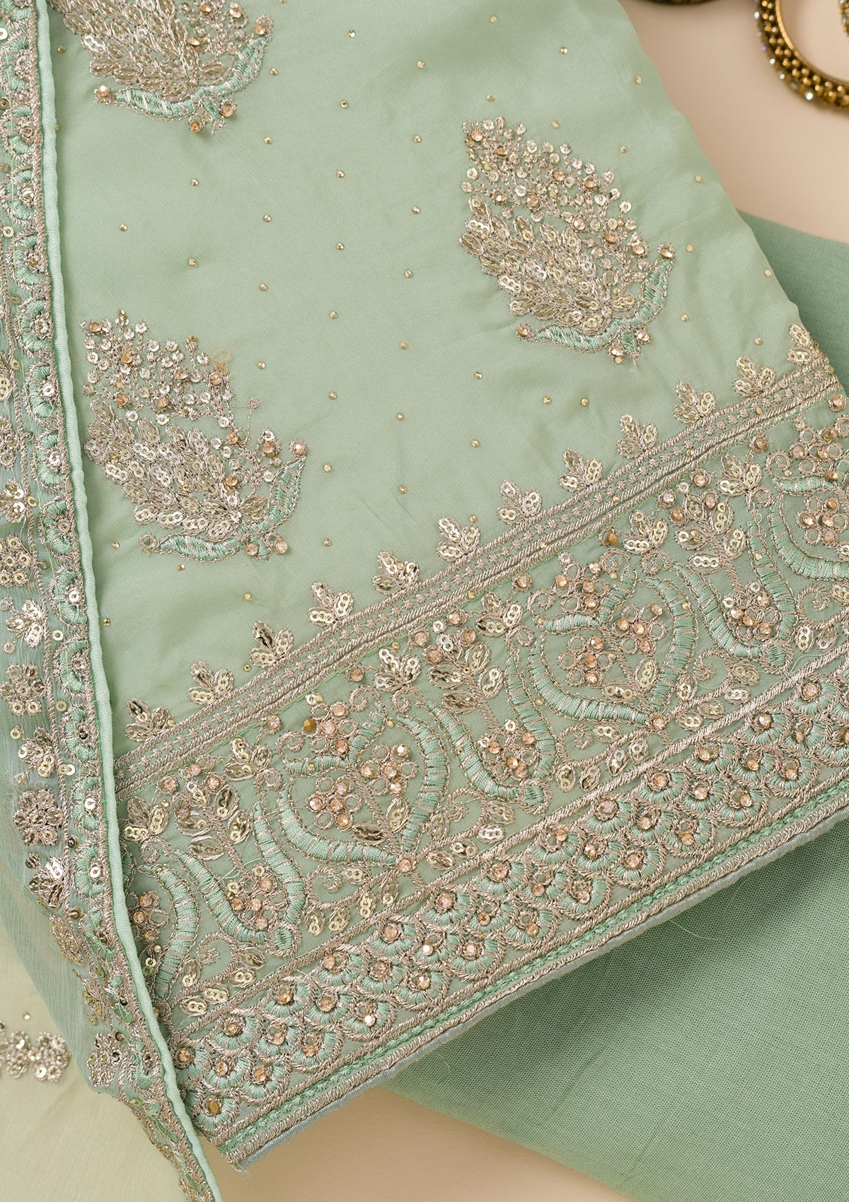 Pista Green Zariwork Semi Crepe Unstitched Salwar Suit-Koskii