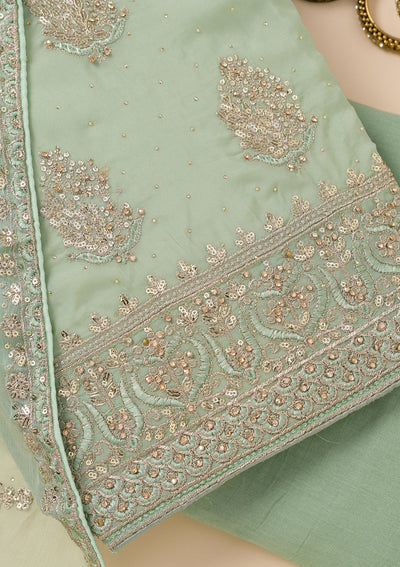 Pista Green Zariwork Semi Crepe Unstitched Salwar Suit-Koskii