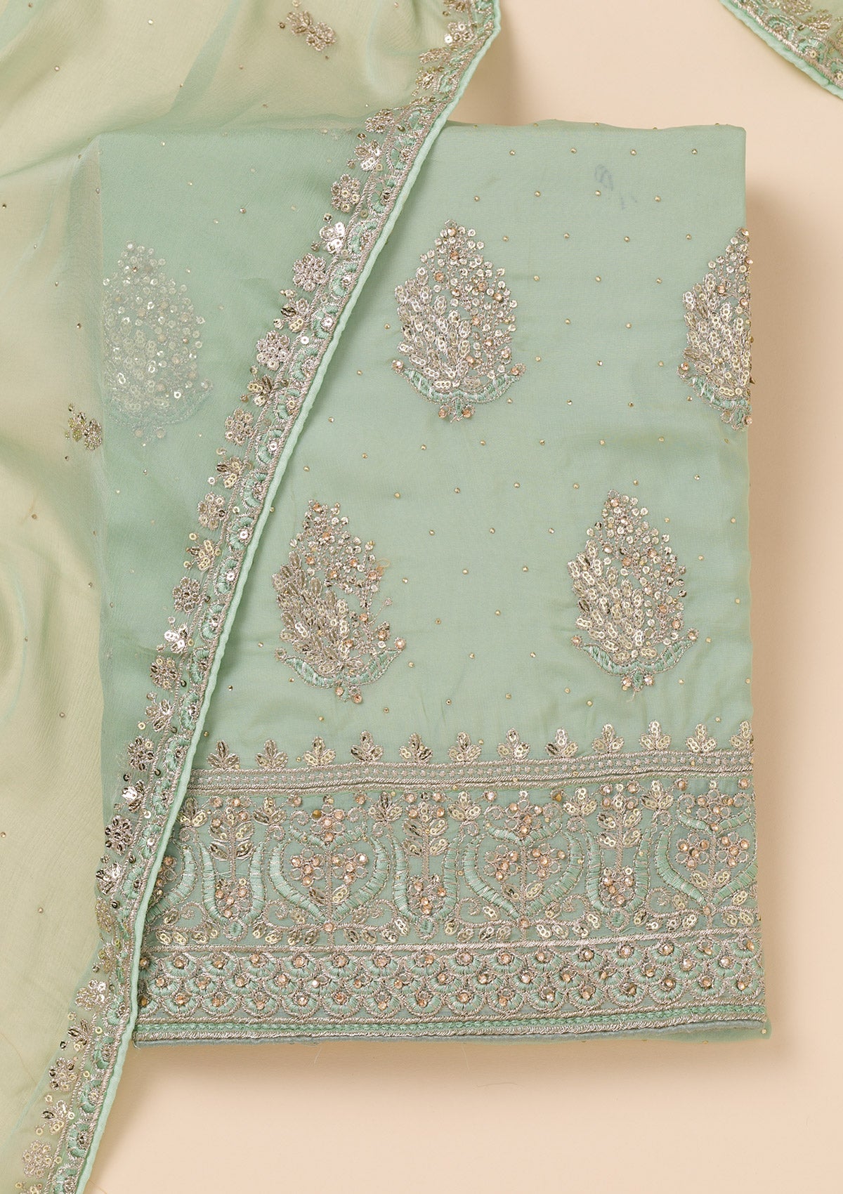 Pista Green Zariwork Semi Crepe Unstitched Salwar Suit-Koskii