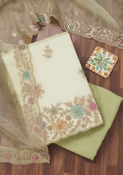 Pista Green Zariwork Semi Crepe Unstitched Salwar Suit-Koskii