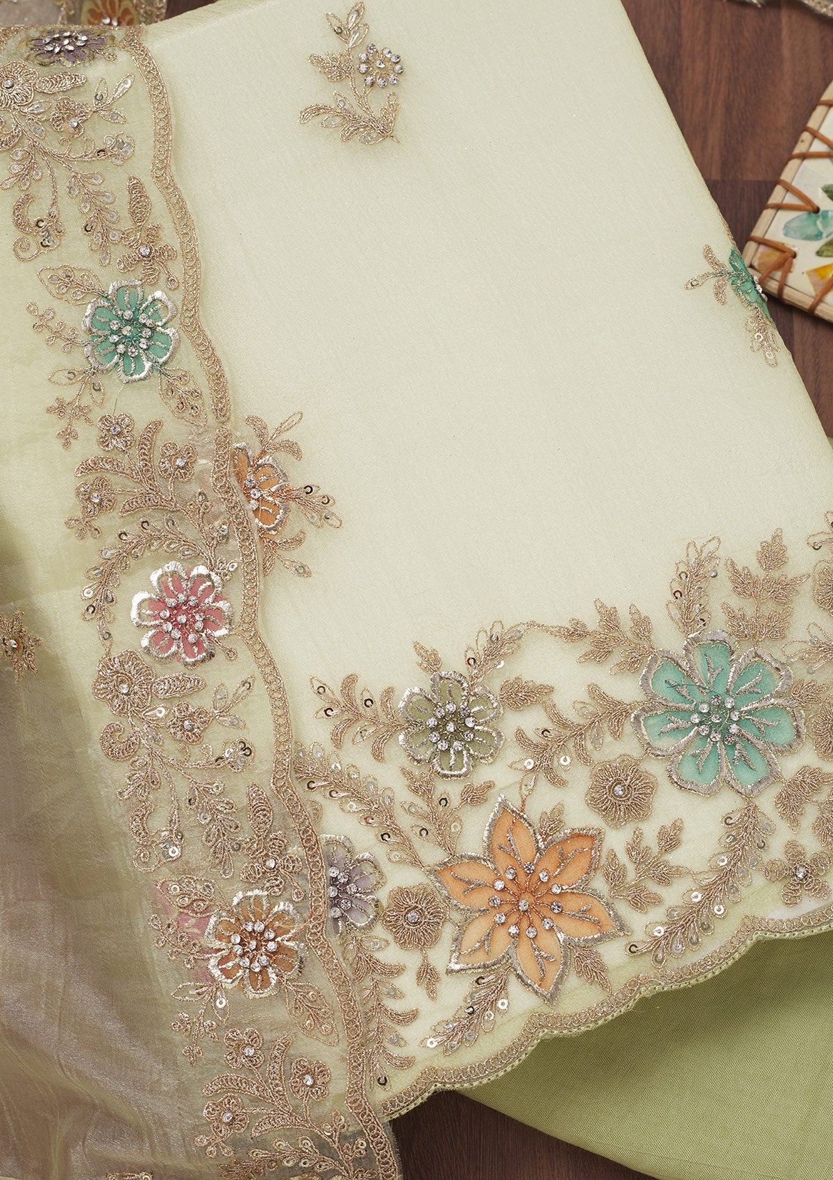 Pista Green Zariwork Semi Crepe Unstitched Salwar Suit-Koskii