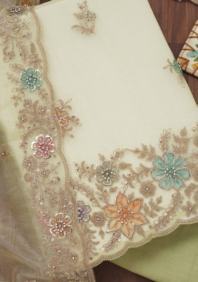 Pista Green Zariwork Semi Crepe Unstitched Salwar Suit-Koskii