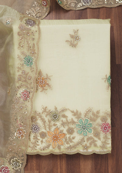 Pista Green Zariwork Semi Crepe Unstitched Salwar Suit-Koskii