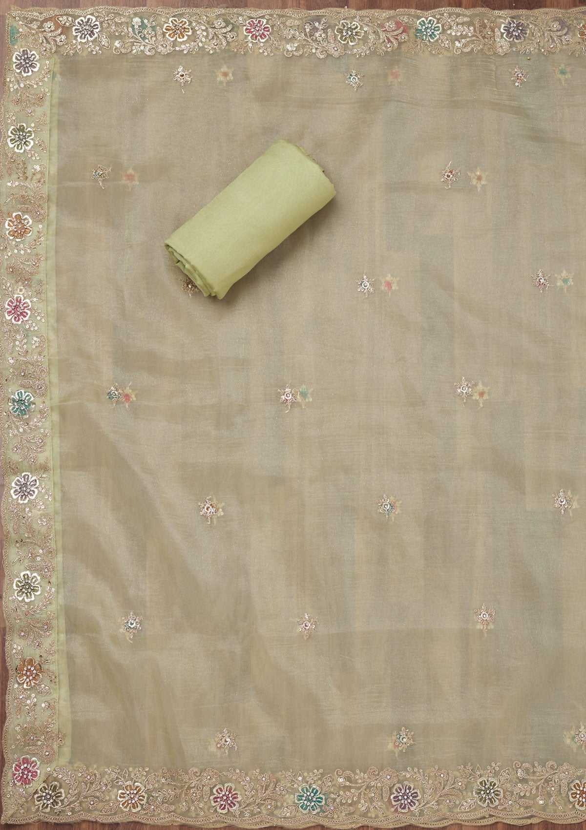 Pista Green Zariwork Semi Crepe Unstitched Salwar Suit-Koskii