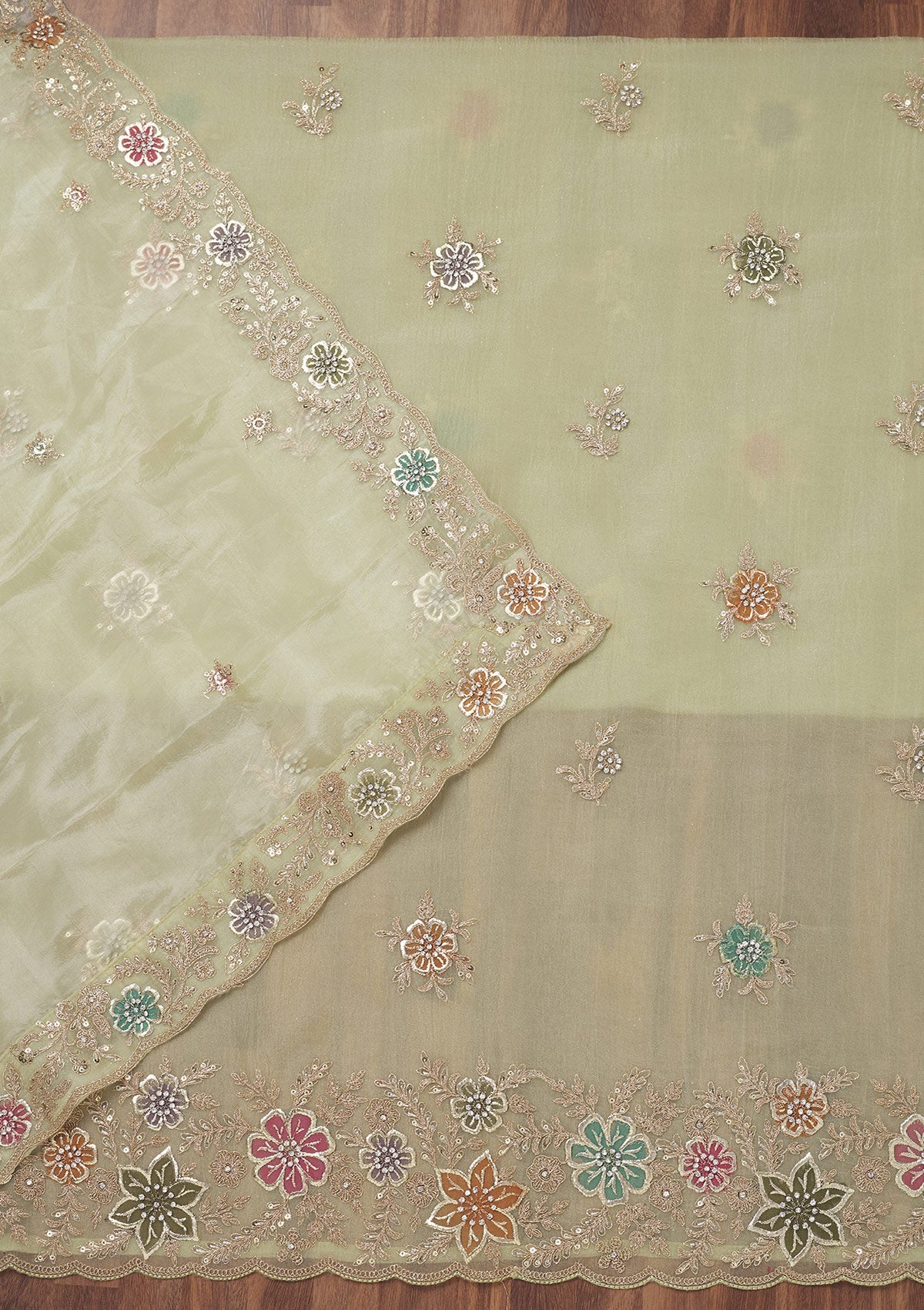 Pista Green Zariwork Semi Crepe Unstitched Salwar Suit-Koskii