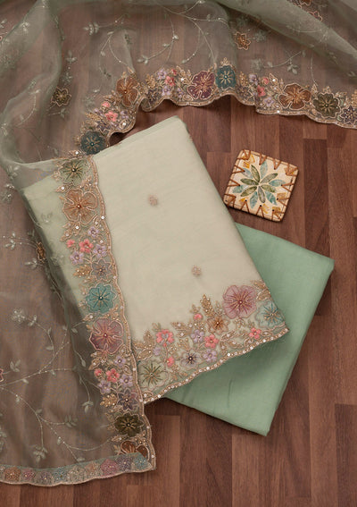 Pista Green Zariwork Semi Crepe Unstitched Salwar Suit-Koskii