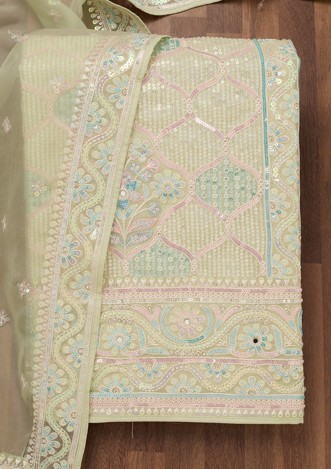 Pista Green Zariwork Semi Crepe Unstitched Salwar Suit-Koskii