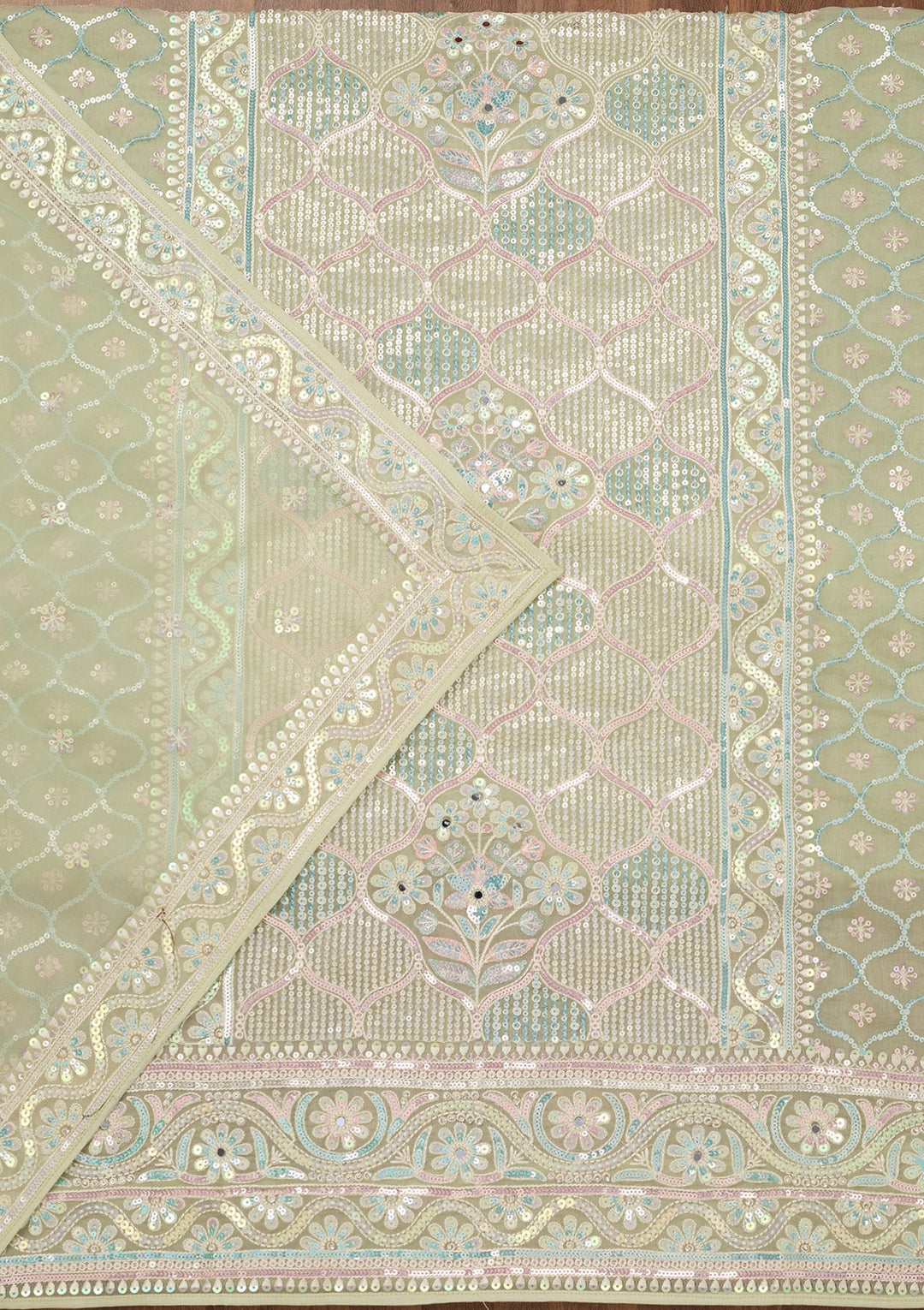 Pista Green Zariwork Semi Crepe Unstitched Salwar Suit-Koskii
