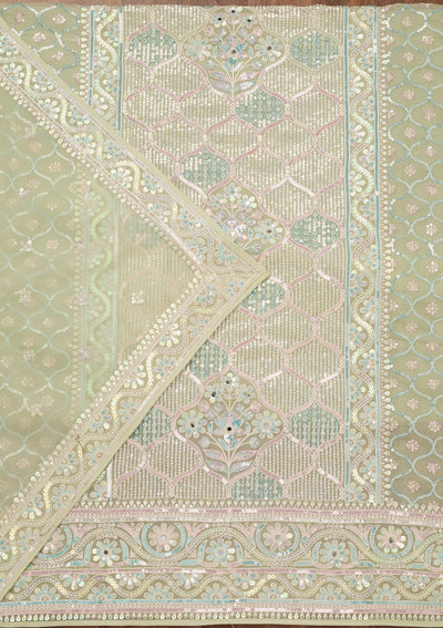 Pista Green Zariwork Semi Crepe Unstitched Salwar Suit-Koskii