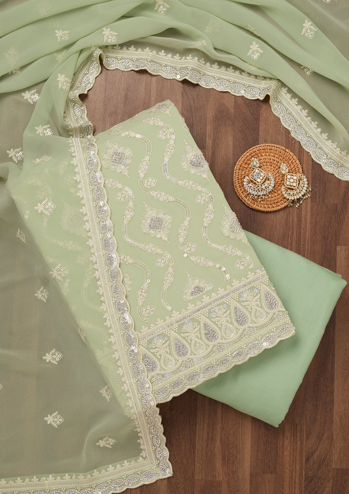 Pista Green Zariwork Semi Crepe Unstitched Salwar Suit-Koskii