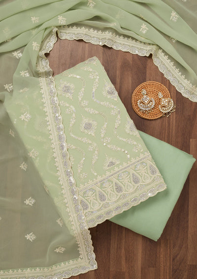Pista Green Zariwork Semi Crepe Unstitched Salwar Suit-Koskii