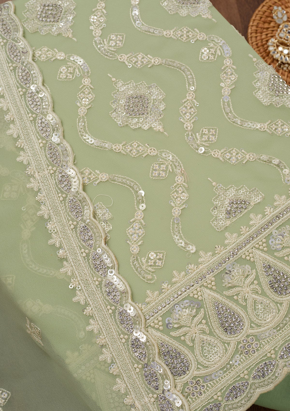 Pista Green Zariwork Semi Crepe Unstitched Salwar Suit-Koskii