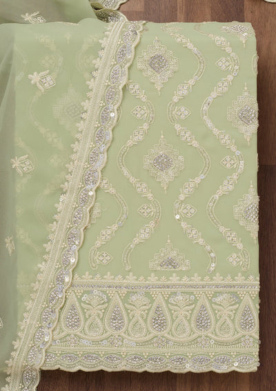 Pista Green Zariwork Semi Crepe Unstitched Salwar Suit-Koskii