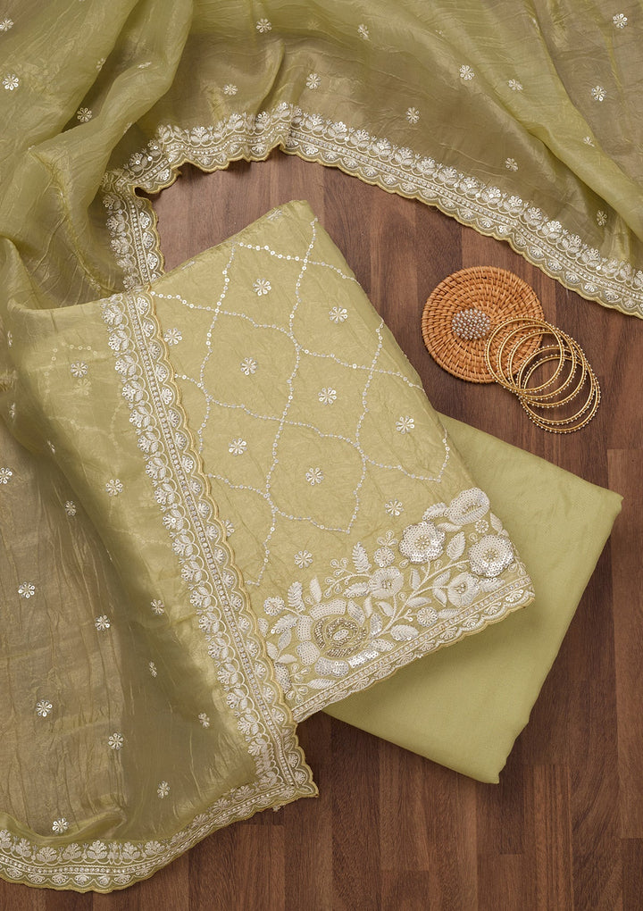 Pista Green Zariwork Semi Crepe Unstitched Salwar Suit-Koskii